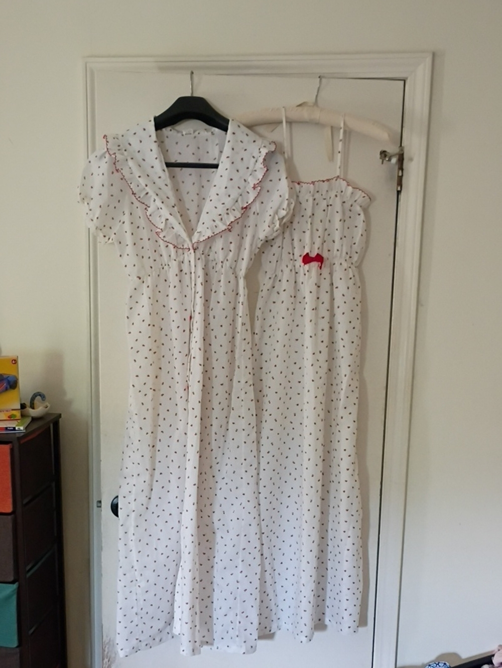 Vintage White and Red Strawberry Button Down Nightgown (slip not included)